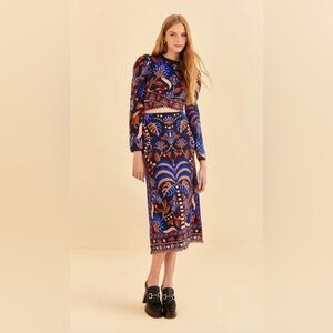 FARM Rio Blue & Brown Printed Long-Sleeve Midi 2-piece set